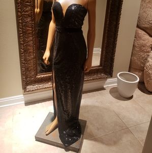 Black sequin strapless evening gown